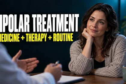 Adult discusses bipolar disorder care with a clinician; headline reads “Bipolar Treatment” and “Medicine + Therapy + Routine.”