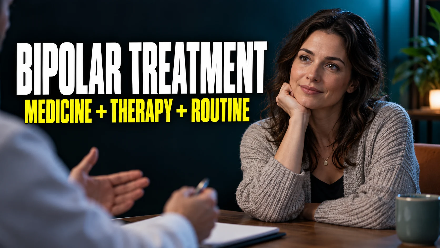 Adult discusses bipolar disorder care with a clinician; headline reads “Bipolar Treatment” and “Medicine + Therapy + Routine.”