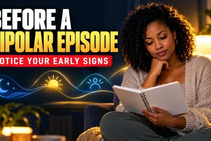 Woman reviewing a blank journal beside visual motifs for sleep and changing energy.