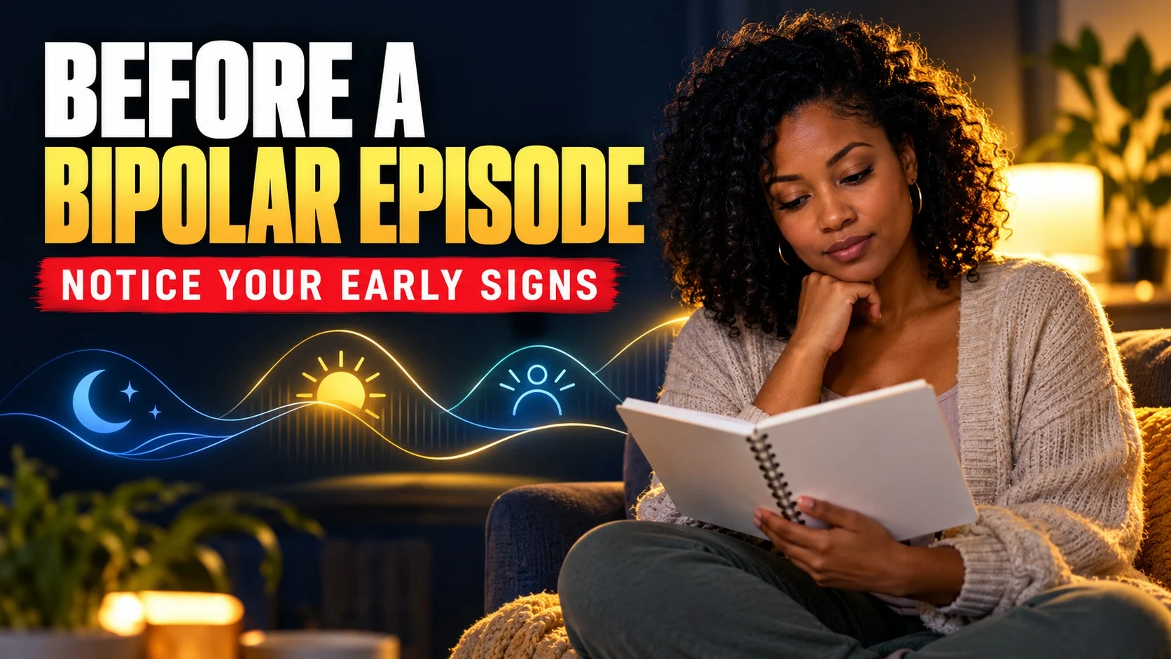 Woman reviewing a blank journal beside visual motifs for sleep and changing energy.