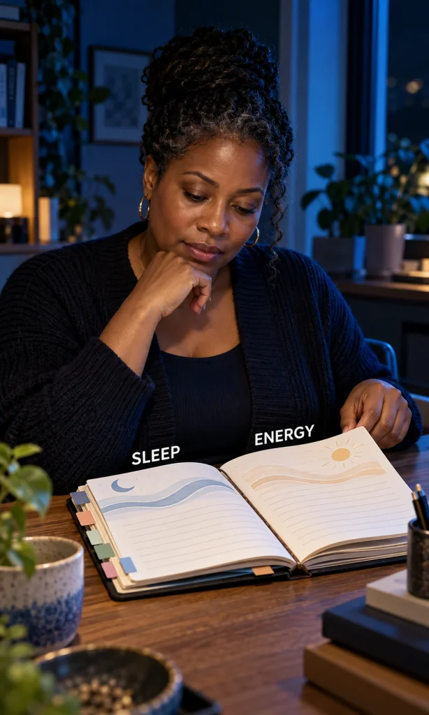 Woman reviewing sleep and energy notes in a journal at her desk.