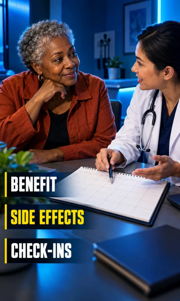 Clinician and patient review a medication monitoring calendar and questions about blood tests and side effects.