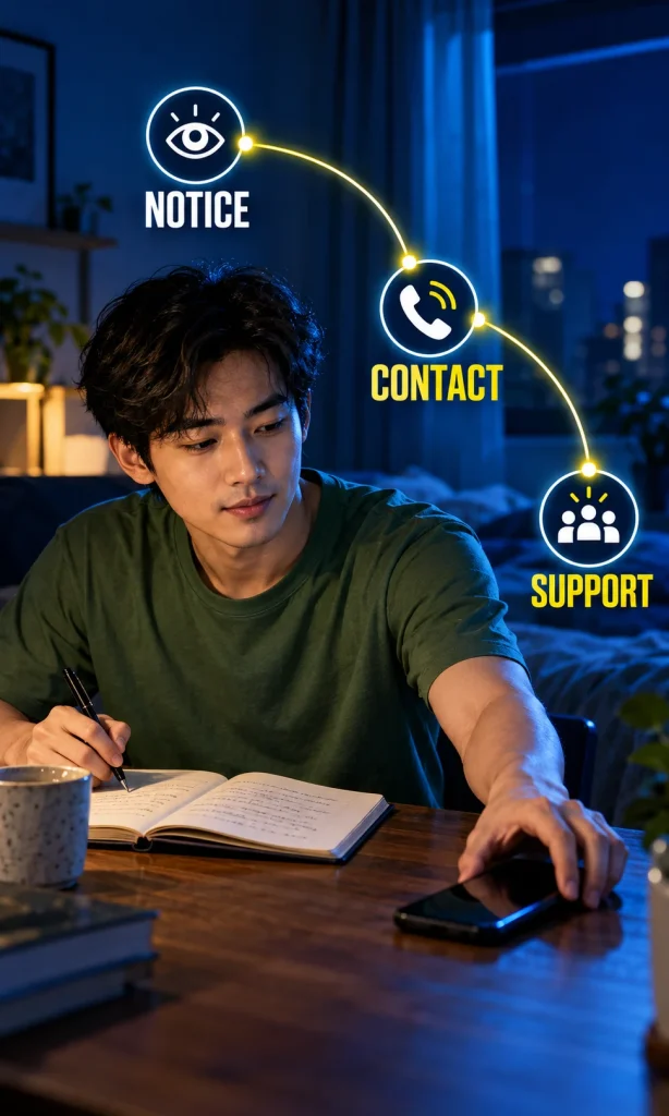 Personal sleep notes lead to contacting a care team and arranging support when warning signs recur.