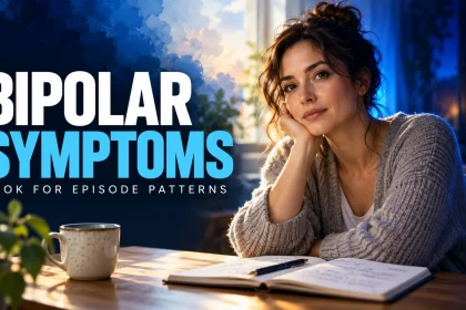 Adult reviewing a journal under the heading Bipolar Symptoms, Look for Episode Patterns.