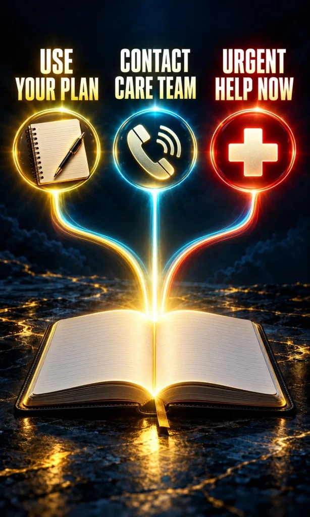 Three response paths from a personal plan to clinician contact and urgent help.