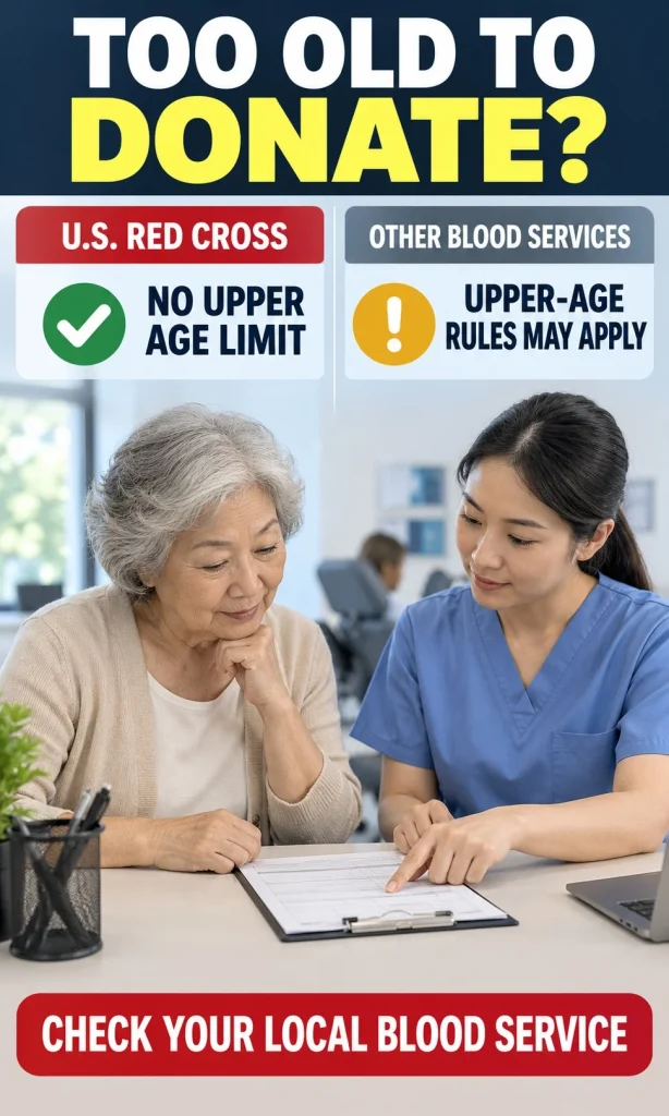 Older woman reviewing blood-donation eligibility with a clinician beside a comparison showing that upper age rules vary by blood service.