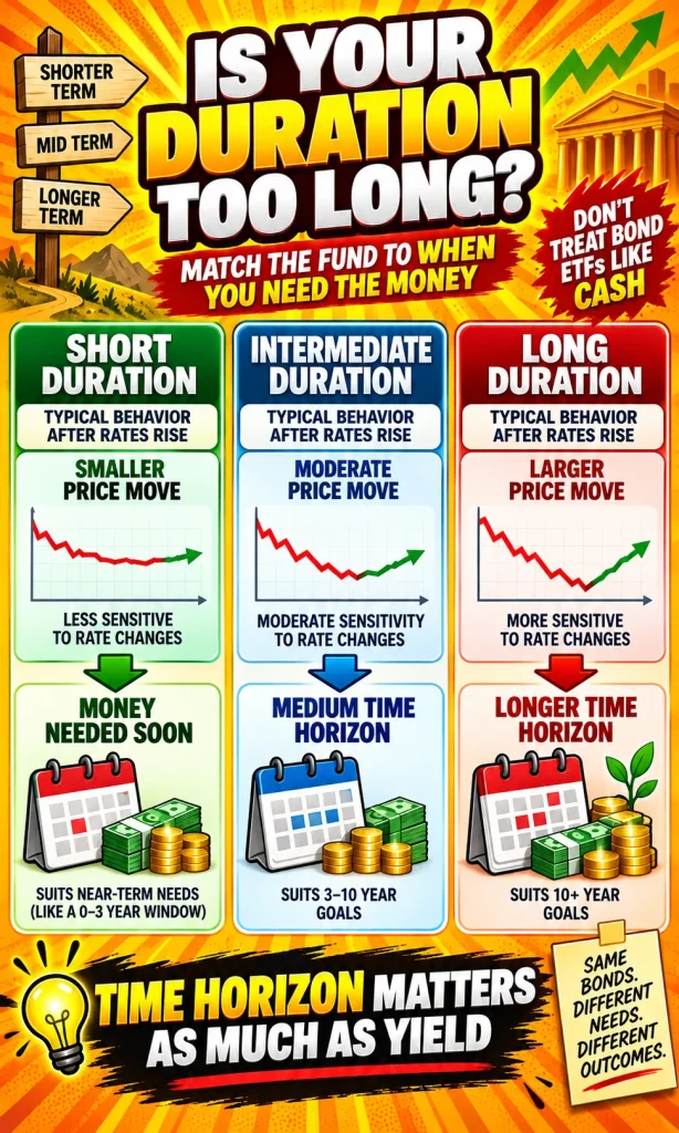Comparison of short-, intermediate- and long-duration bond ETFs showing increasing interest-rate sensitivity and the importance of matching duration with an investor's time horizon.