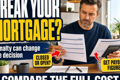 Homeowner compares a mortgage payout statement with a replacement mortgage offer while assessing the cost of leaving a current mortgage early.
