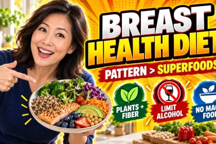 Energetic editorial image of a woman presenting a colorful healthy plate with visual callouts emphasizing plant foods, less alcohol, and no single magic food for breast health.