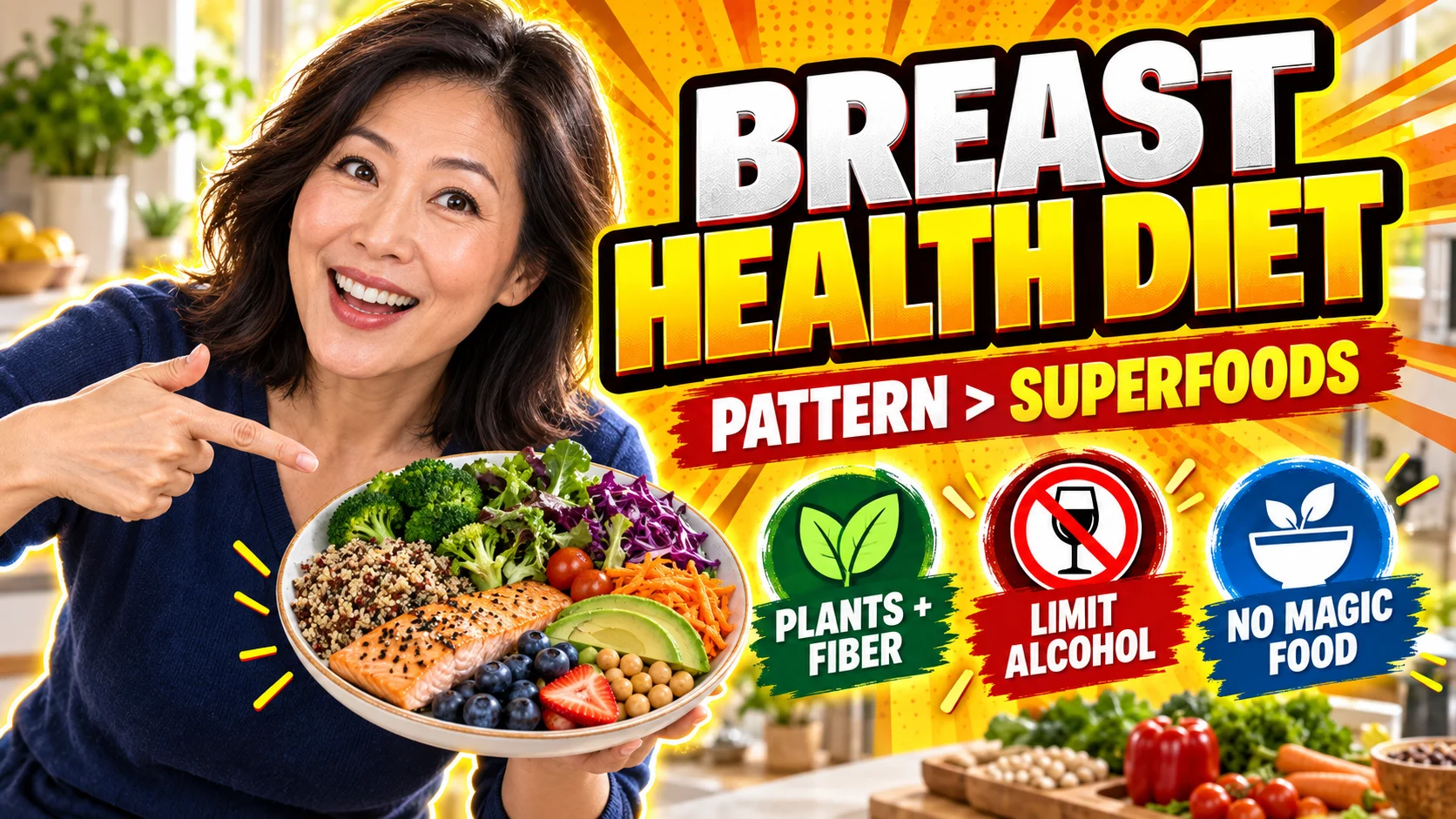 Energetic editorial image of a woman presenting a colorful healthy plate with visual callouts emphasizing plant foods, less alcohol, and no single magic food for breast health.