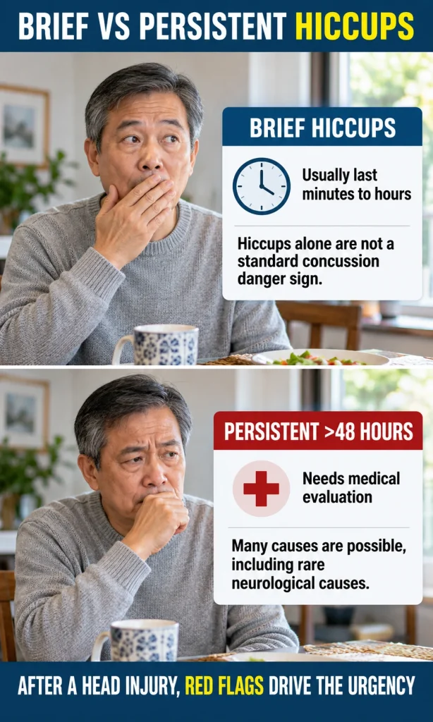 Split comparison of brief hiccups lasting minutes to hours and persistent hiccups lasting more than 48 hours, with different recommended next steps.