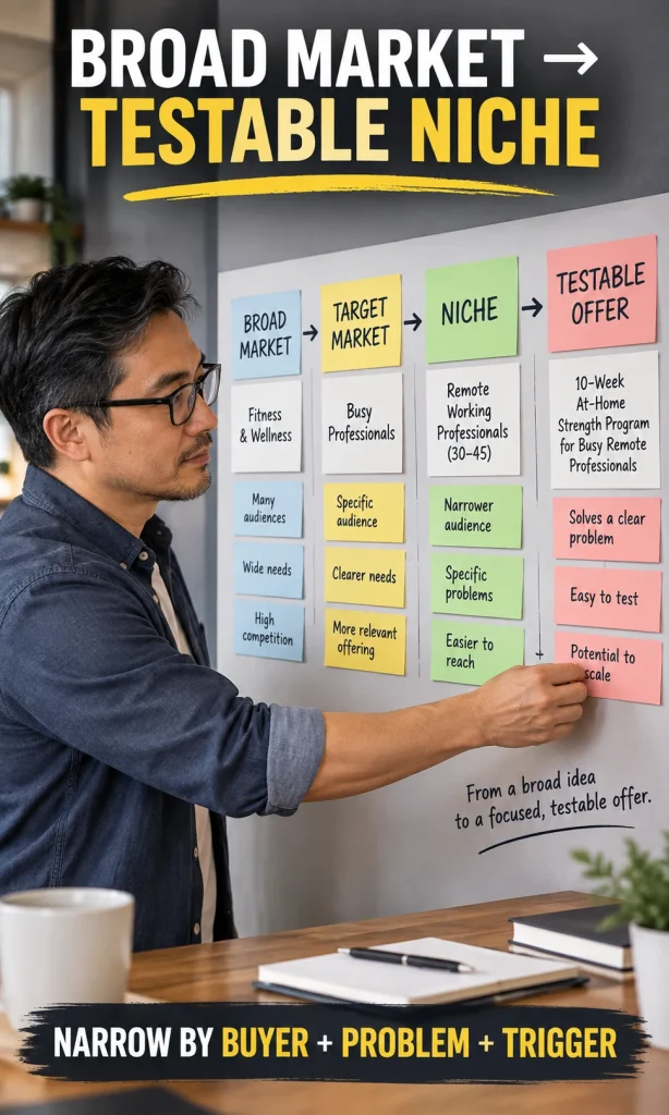 A business owner narrowing a broad market into a target market, niche, and testable offer using buyer, problem, and trigger criteria.