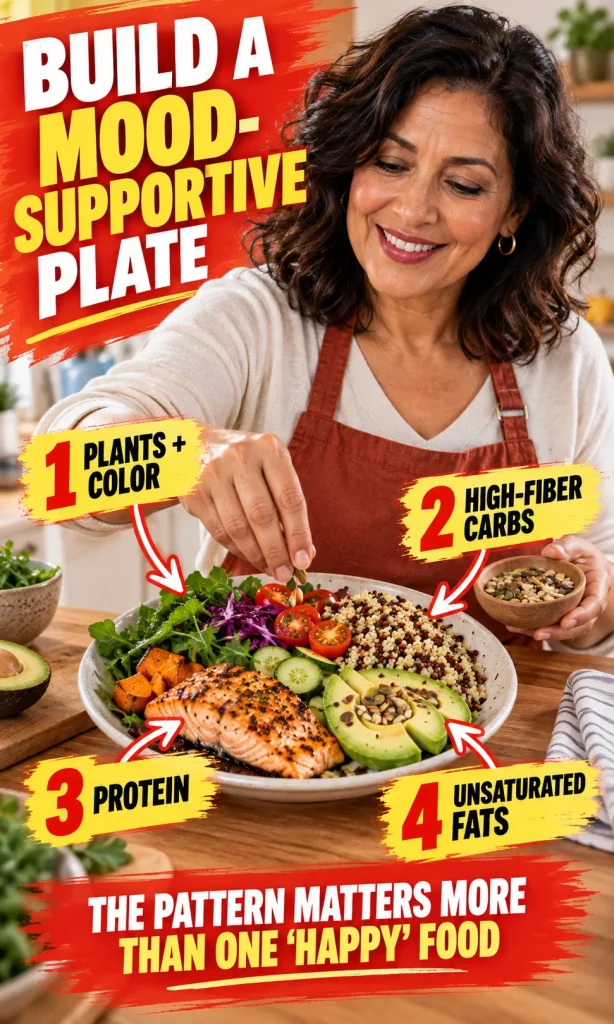Woman assembling a balanced plate with plants, high-fiber carbohydrates, protein and unsaturated fats