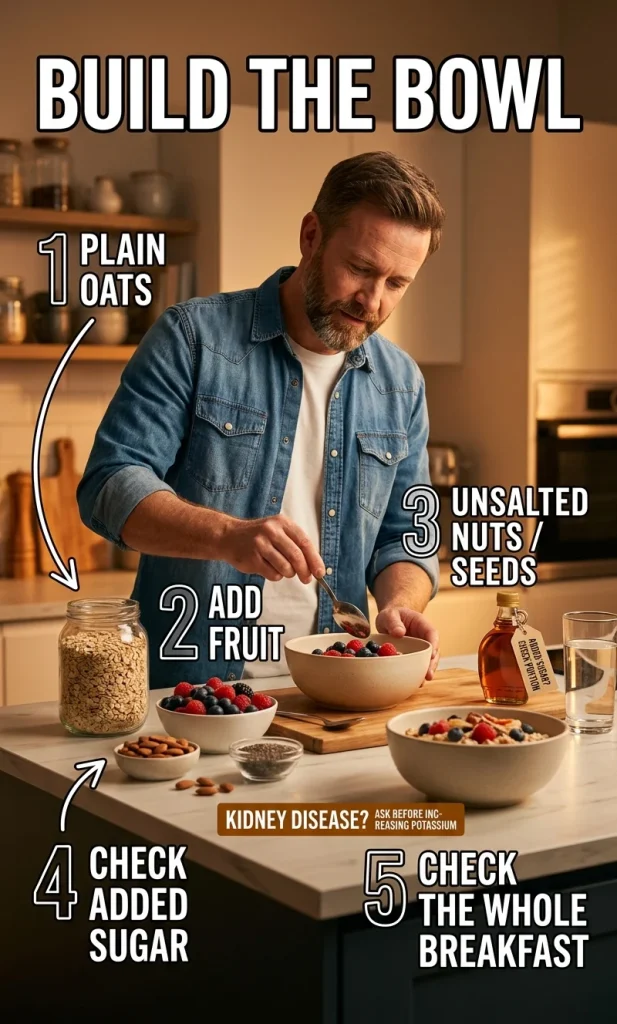 Step-by-step oatmeal bowl with plain oats, fruit, unsalted nuts or seeds, and a label check for sodium and added sugar.