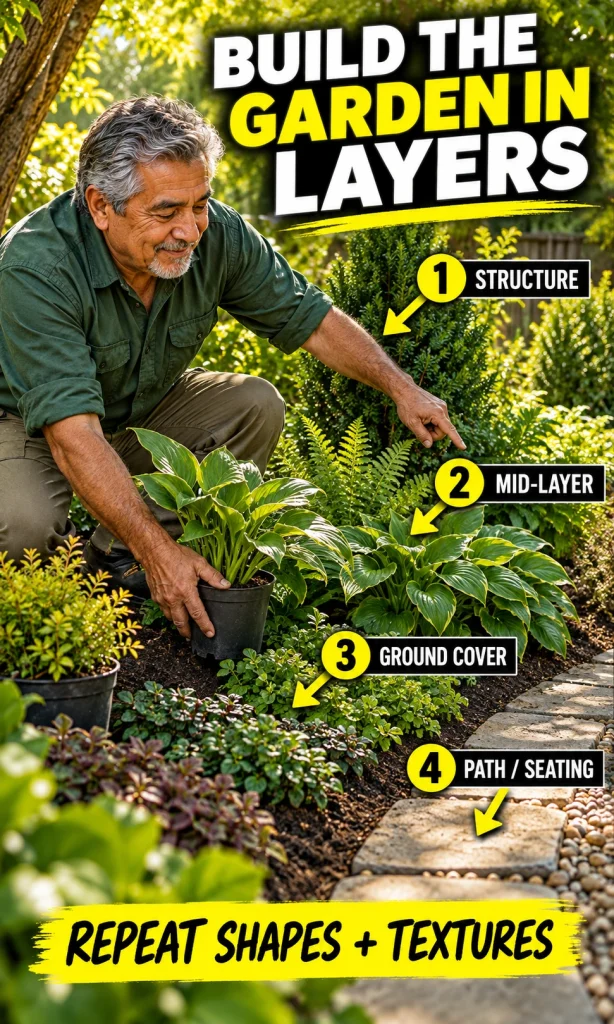 Layered shade garden design showing structure, mid-layer, ground cover and path or seating