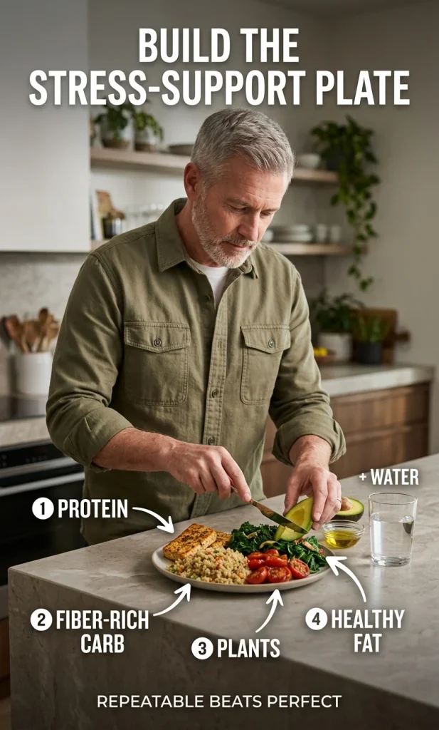 Vertical meal-building guide showing four parts of a balanced stress-supportive plate: protein, fiber-rich carbohydrate, plants and healthy fat.