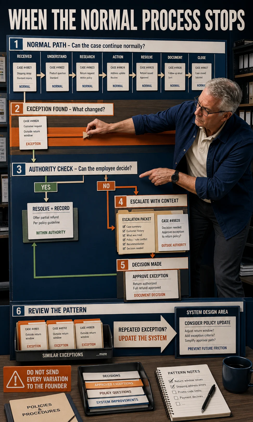 Business system exception path showing how unusual cases move from normal workflow to decision check, employee authority, escalation and system review.