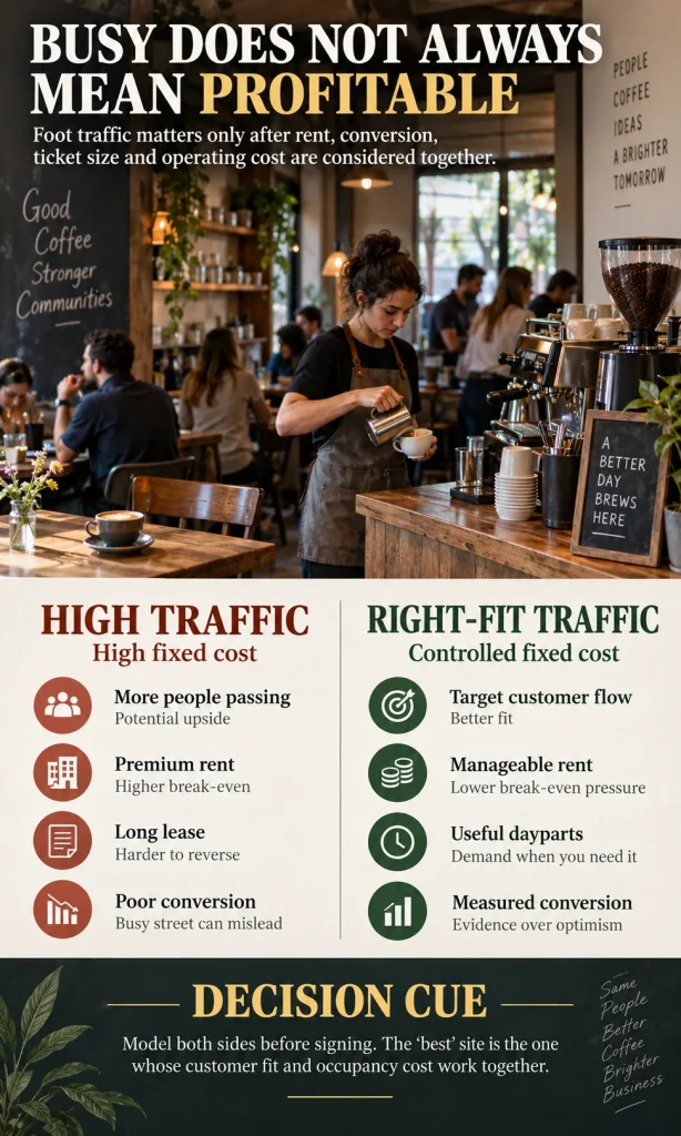 Cafe location comparison showing high traffic with high fixed costs versus right-fit traffic with manageable rent and measured conversion.