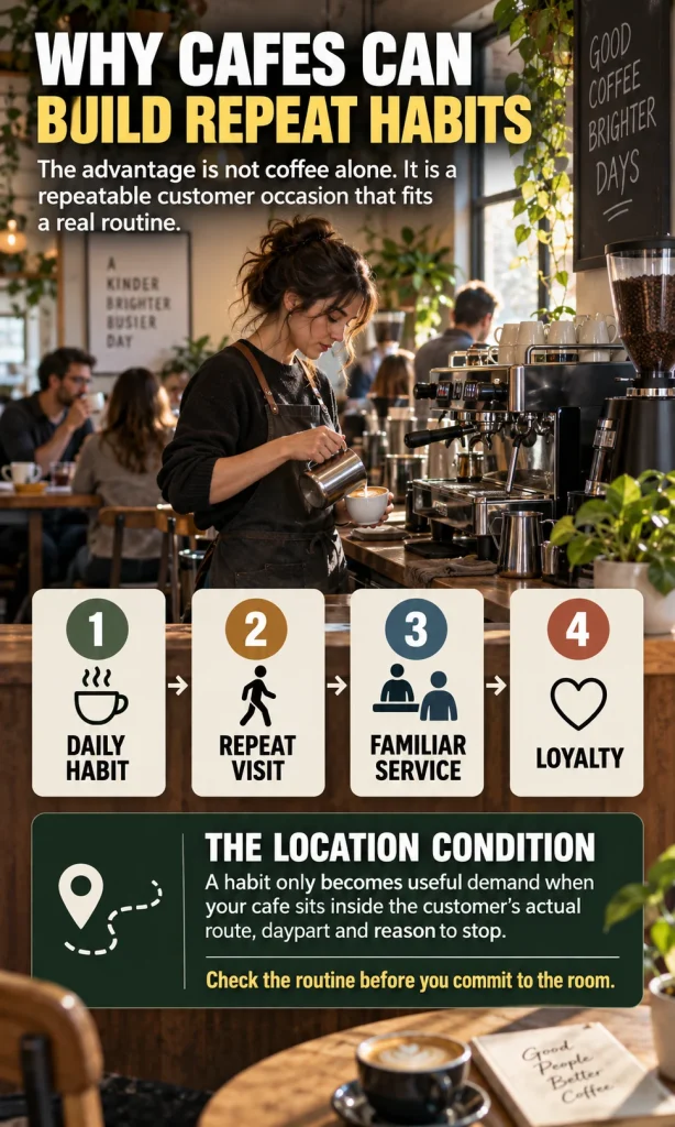 Vertical cafe infographic showing the sequence daily habit to repeat visit to familiar service to loyalty, with a location-fit warning.
