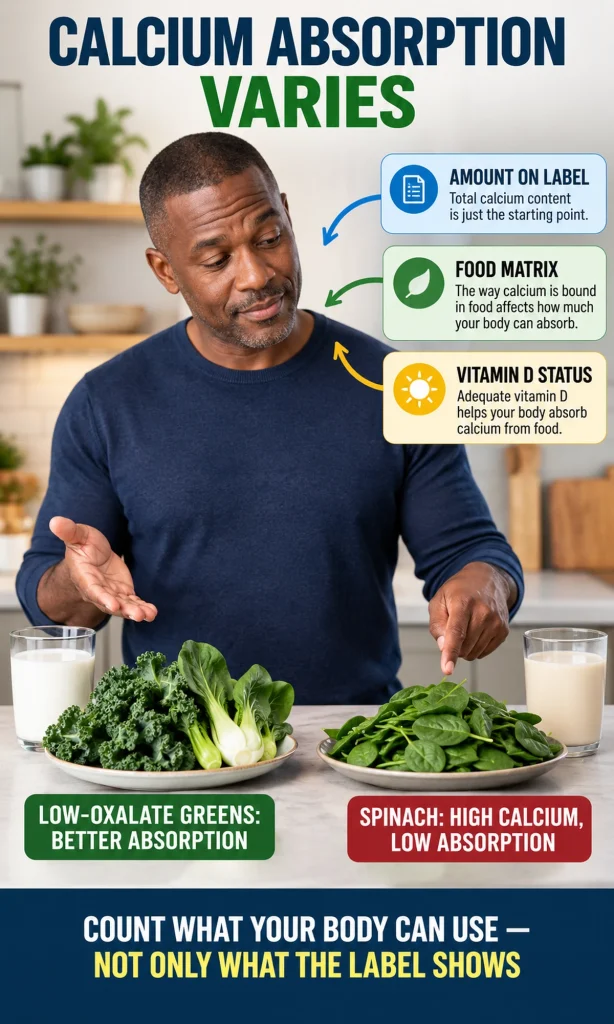 Calcium absorption infographic comparing low-oxalate greens with spinach and showing food matrix and vitamin D effects
