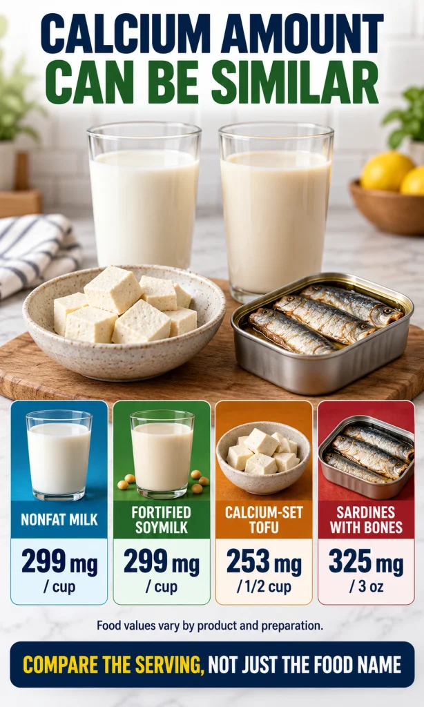 Comparison of calcium per serving in nonfat milk, fortified soy milk, calcium-set tofu and sardines with bones