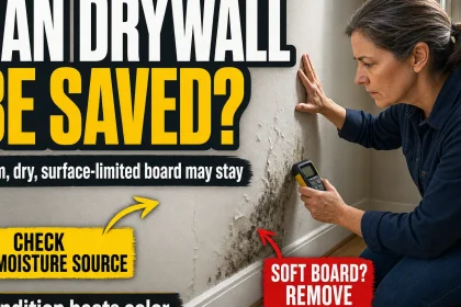 Person inspecting a dark mold patch on painted drywall with a moisture meter while comparing a firm surface with signs that may require removal.