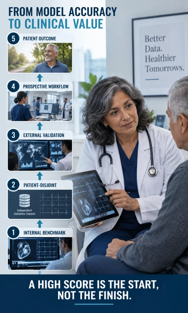 Evidence ladder for cardiac AI from internal benchmark testing through patient-disjoint and external validation to prospective workflow and patient outcomes.