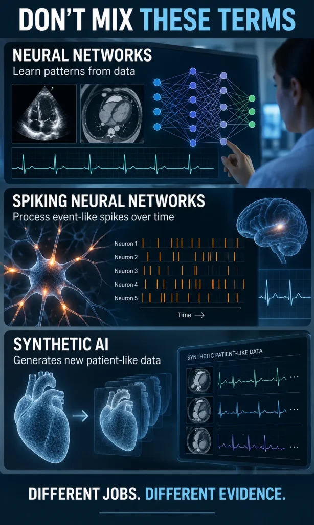 Clinical infographic comparing neural networks, spiking neural networks and synthetic AI in cardiac applications.