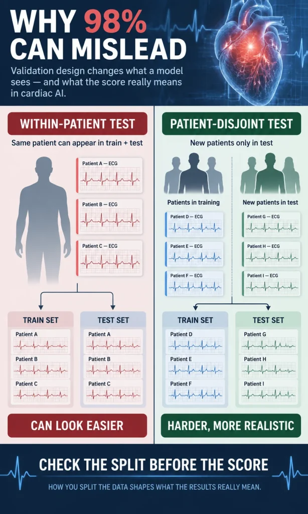Comparison of within-patient and patient-disjoint cardiac AI testing using ECG records and separate train-test groups.