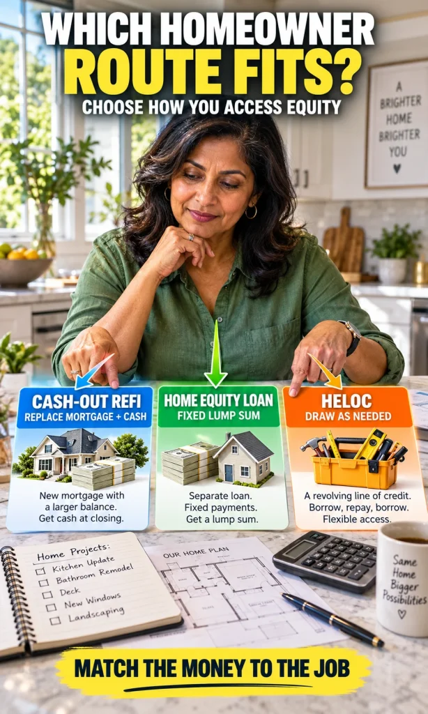 Homeowner comparing cash-out refinance, home equity loan and HELOC options for accessing home equity.