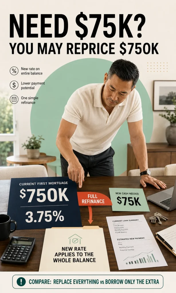 Homeowner weighing a small cash need against replacing a much larger low-rate first mortgage during a refinance.