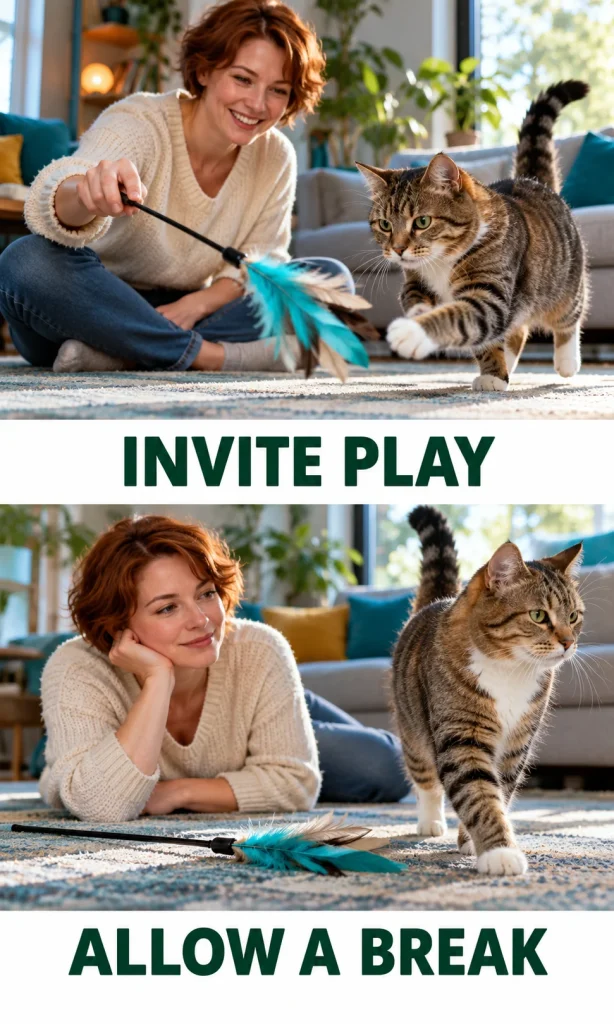 Cat voluntarily engages with a wand toy while a person sits nearby.