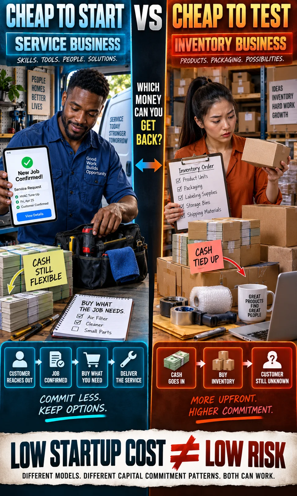 Split comparison showing a service business keeping cash available while an inventory-based business commits money to products before customer demand is proven.