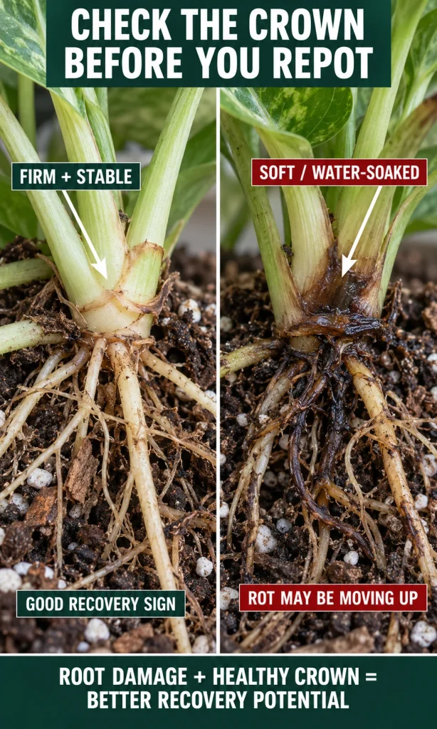 Close-up comparison of a firm healthy plant crown and a soft stem base affected by rot