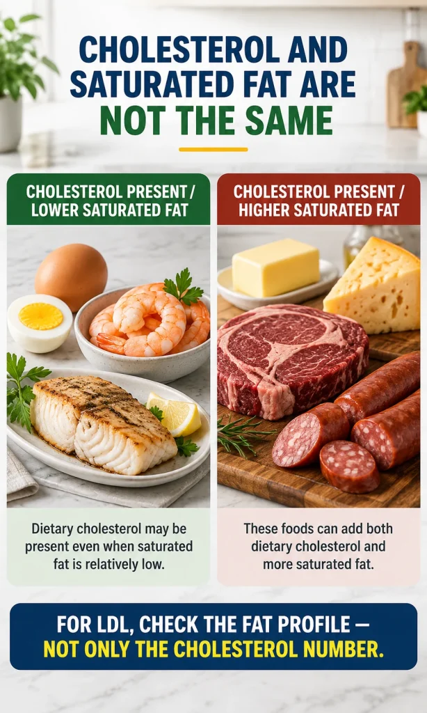 Side-by-side food comparison showing that dietary cholesterol and saturated fat are different characteristics