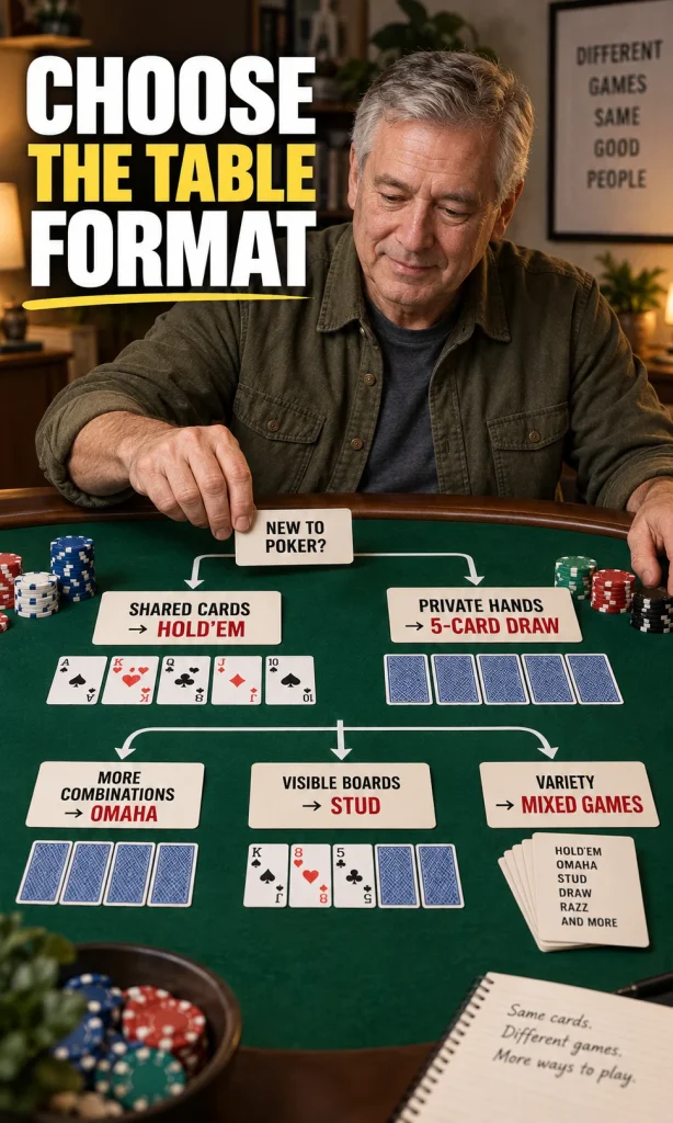 Decision path for choosing a poker variant by experience, pace, and preferred information style