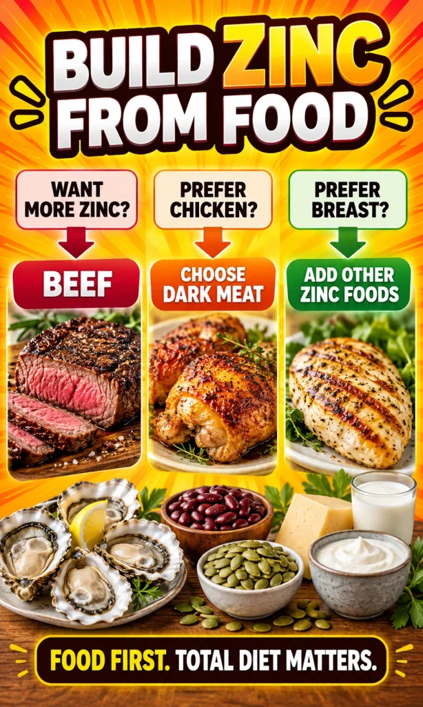 Decision path for choosing beef, chicken dark meat, chicken breast or other zinc-rich foods based on the reader's goal