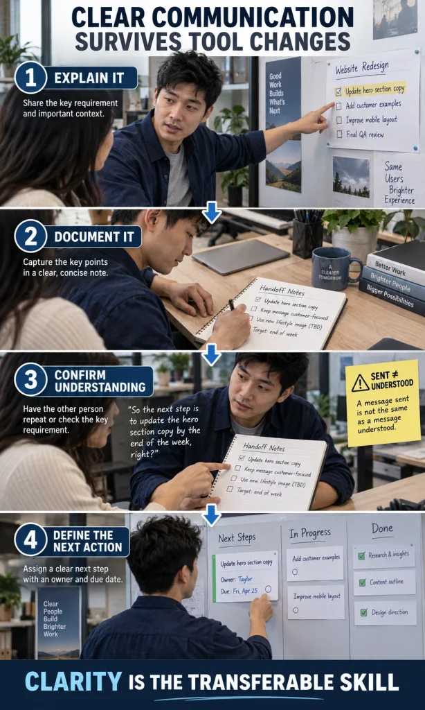 Workplace communication process showing a message being explained, documented, checked for understanding and followed by a clear next action.