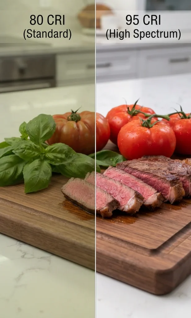 Side-by-side comparison of fresh produce under 80 CRI lighting versus 95 CRI lighting.