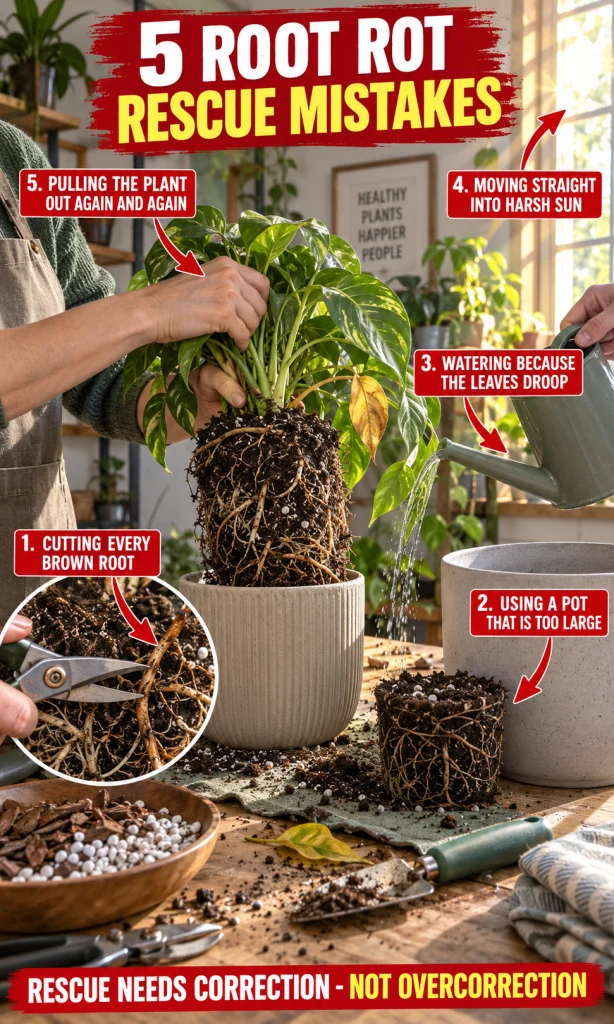 Root rot rescue mistakes including over-pruning, oversized pot, excess water, harsh sun and repeated root checking