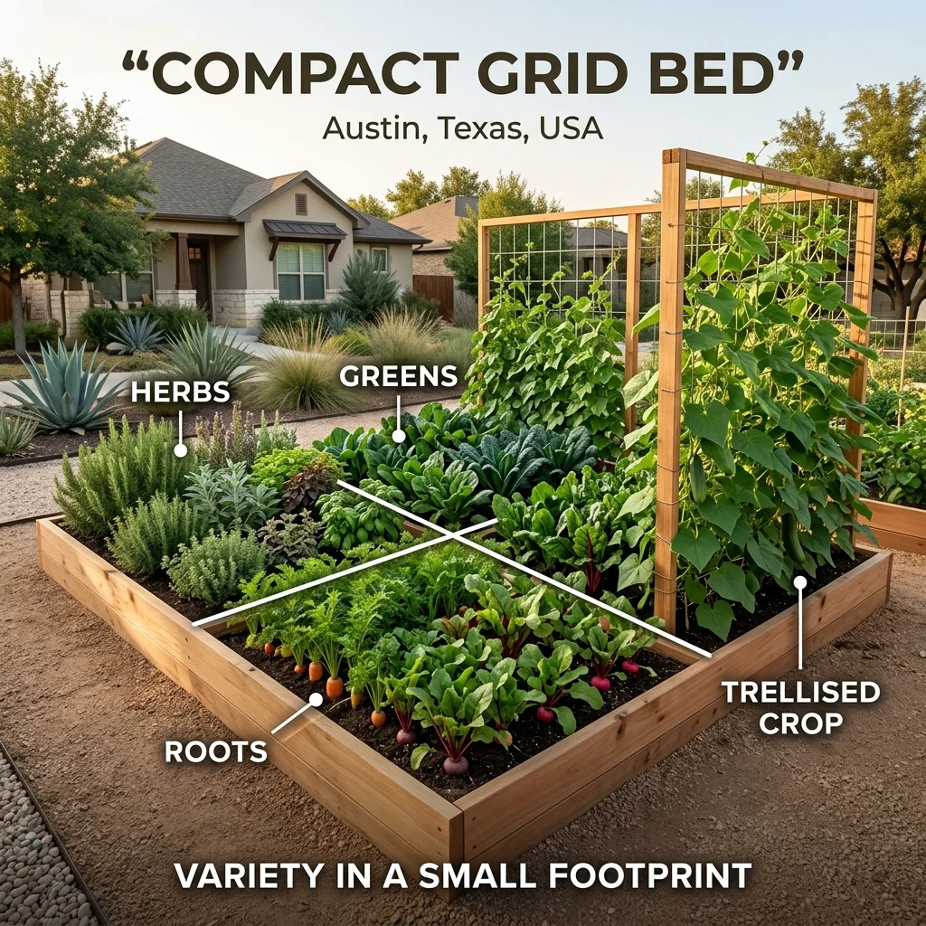 Compact grid bed garden layout in Austin, Texas, showing a small raised bed divided into square planting zones for herbs, roots, greens, and one trellised crop.