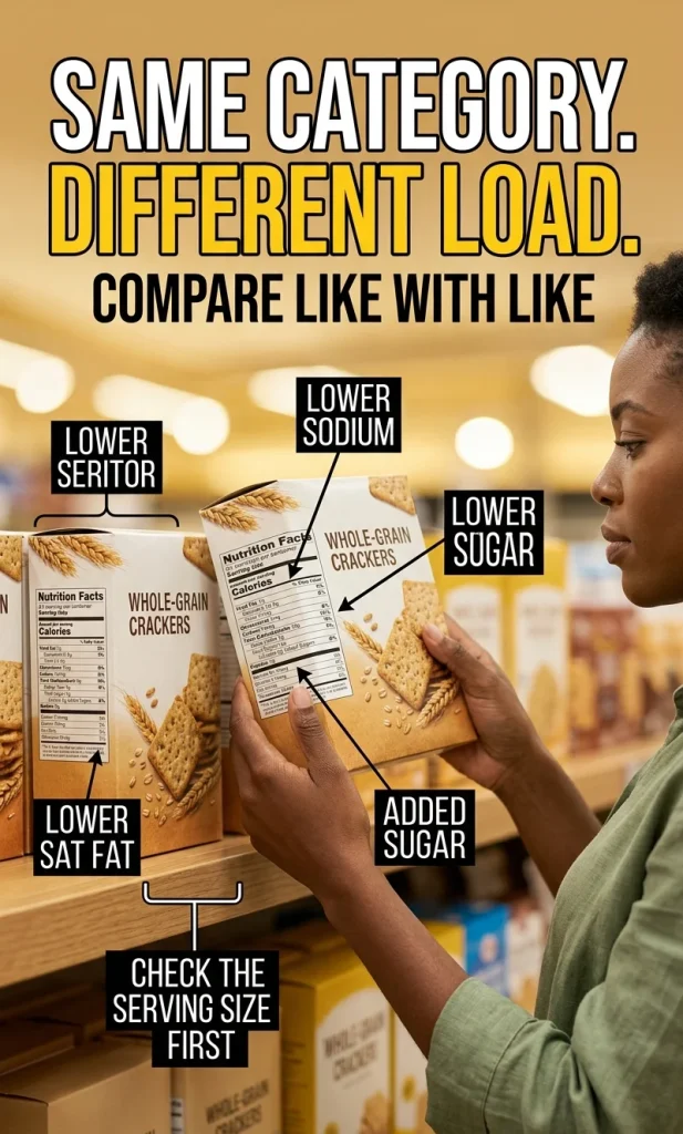 Two unbranded packaged foods from the same category compared side by side for sodium, added sugars and saturated fat, with a decision cue to compare like with like.