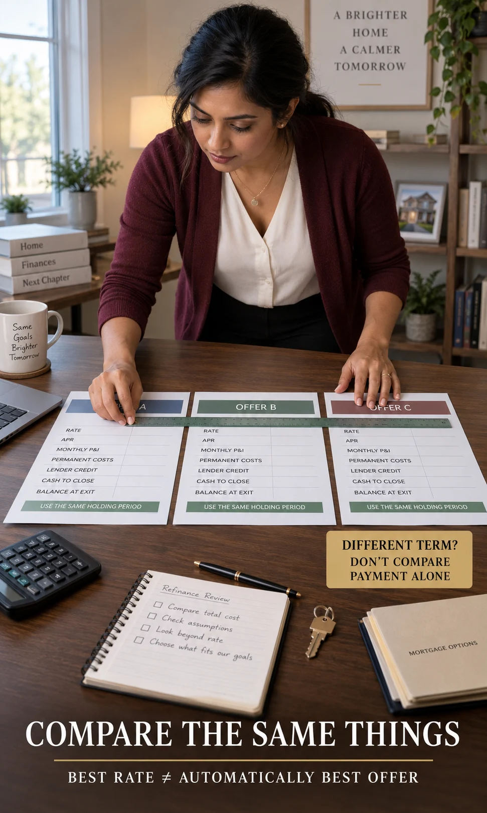 Borrower comparing three refinance offers using rate, APR, cash to close, monthly payment, lender credits and projected balance at exit.