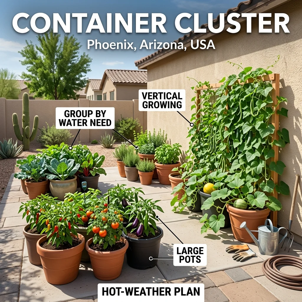Container cluster garden in Phoenix, Arizona, showing grouped edible containers by watering needs, with vertical growing against a bright wall.