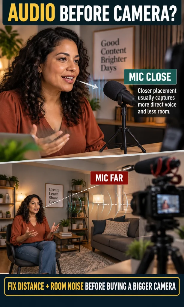 Comparison showing a creator with a microphone close to the mouth versus a microphone far away, explaining how distance increases room sound.