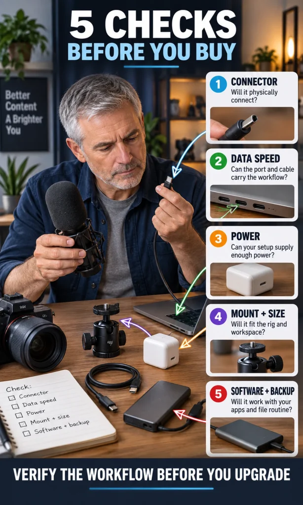 Creator checking a cable and microphone beside five compatibility checks for connector, data speed, power, mount size, software and backup.