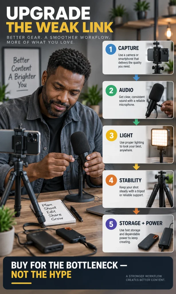 Creator adjusting a microphone beside a visual workflow showing capture, audio, lighting, stability, storage and power as upgrade checkpoints.
