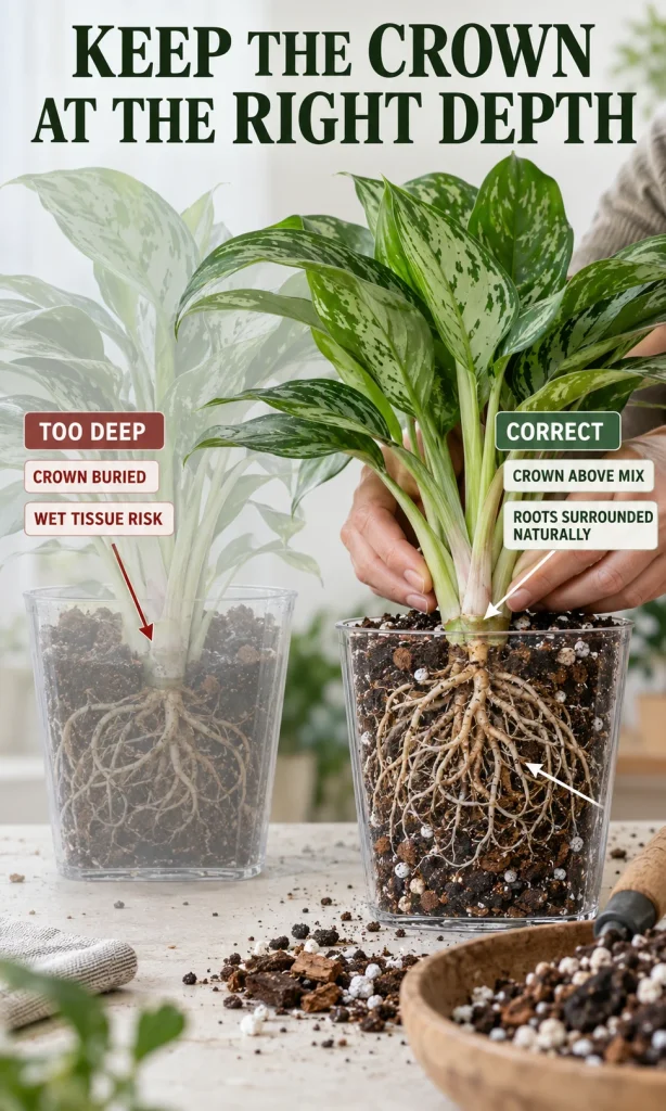 Houseplant being repotted at the correct crown depth after root rot treatment
