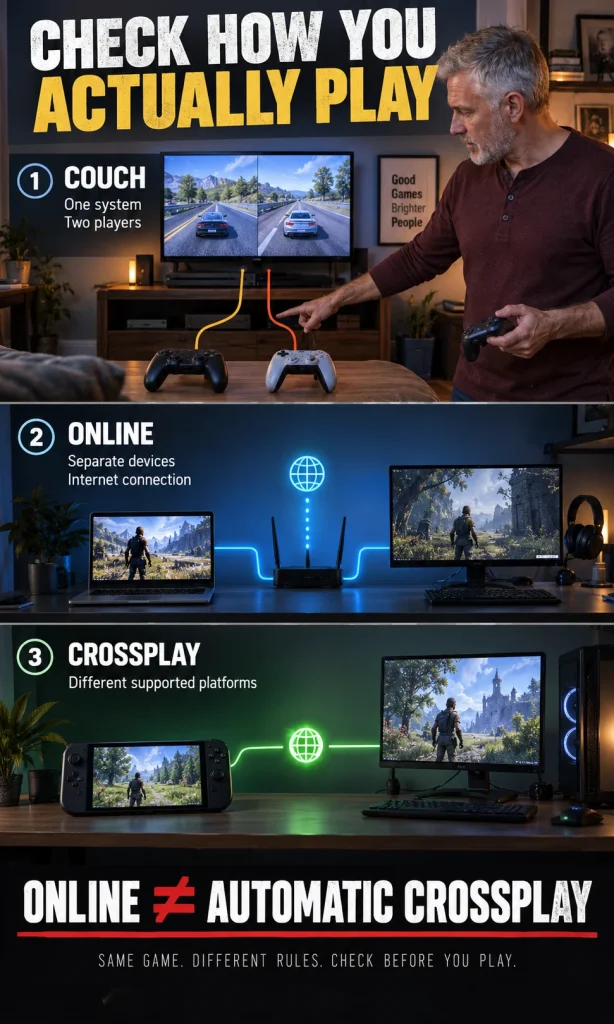 Man checking whether a couples game supports same-room couch play, remote online play or crossplay between different systems.