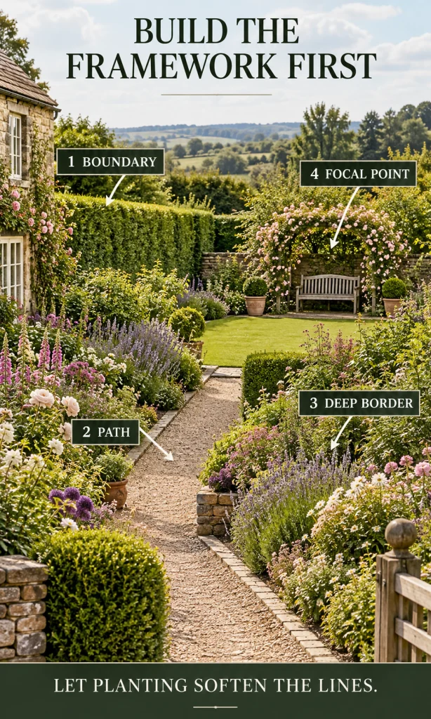 English country garden showing a boundary hedge, main path, deep border and focal-point bench as the structural framework